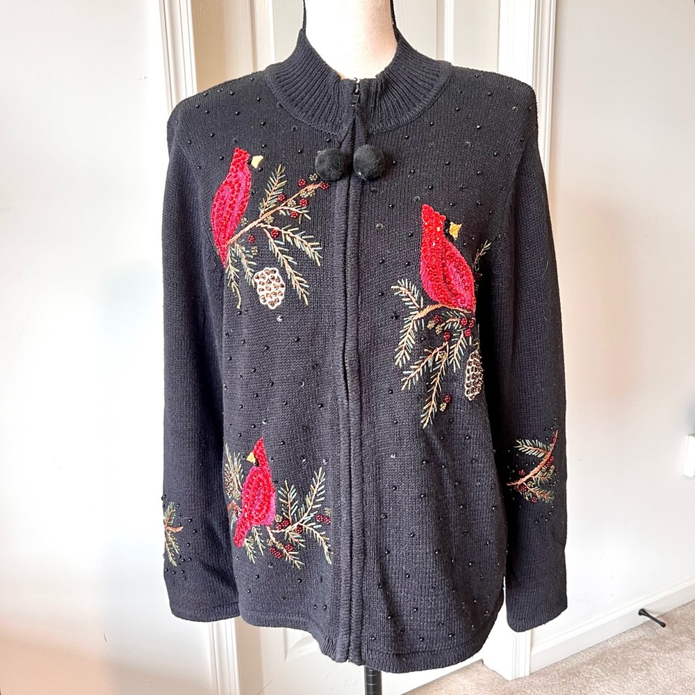 Vintage TIARA INTERNATIONAL Embroidered Cardinal Holiday Cardigan Sweater—SZ L